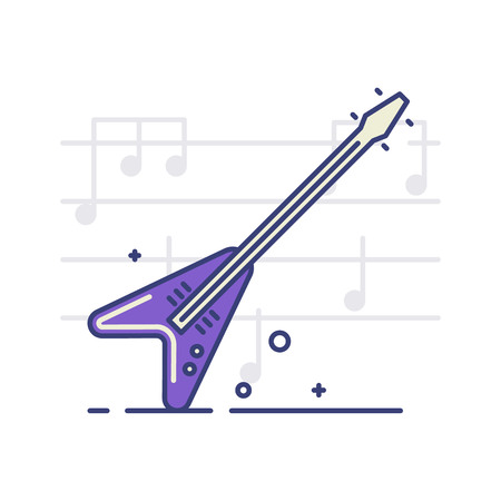 Vector icon of an electric guitar on white background with notes. Musical instruments topic.のイラスト素材