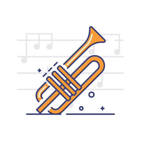 Vector icon of the trumpet on white background with notes. Musical instrument and equipment topic.のイラスト素材