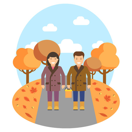 Fallen leaves in autumn season vector image. A man and a womanis walking through the park covered in fallen leaves.のイラスト素材