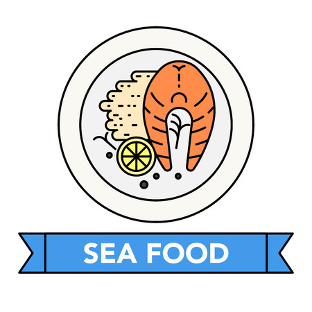 Seafood delicious cuisine with lettering on a ribbonのイラスト素材