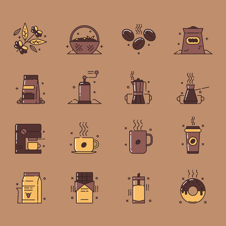 Vector icons set of the coffee production and use that includes gathering of coffee beans, sorting them out, storage and use, also usage of a coffee beans for chocolate, milk shakes and as a glaze.のイラスト素材