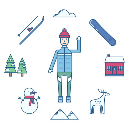 Vector illustration of the winter mountain kinds of sport activity on mountains background. Winter activities and recreation topic.のイラスト素材