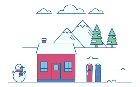 Vector illustration of mountain chalet on snowy fir trees and mountains background. Winter activities and recreation topic.のイラスト素材