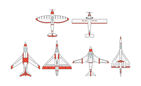 Vector illustrations set of airplane models on white background. Aircraft topic.のイラスト素材