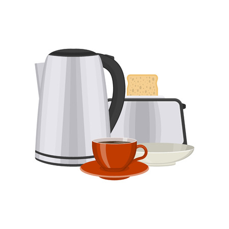 Vector illustration of kitchenware and utensil on table. Kitchen and food preparing topic.のイラスト素材