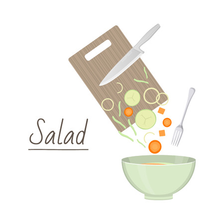 Vector illustration of ingredients for salad preparing on white background. Healthy food and lifestyle topicのイラスト素材