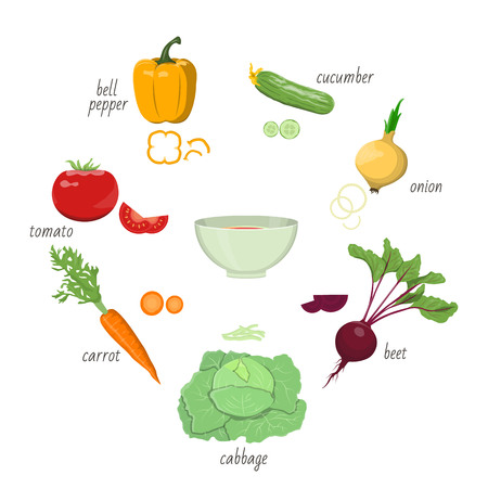 Vector illustration of ingredients for salad preparing on white background. Healthy food and lifestyle topicのイラスト素材