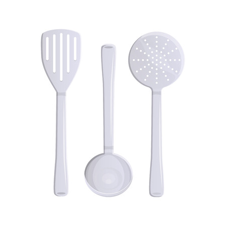 Vector illustration of such kitchenware and utensil as scoops on white background. Kitchen and food preparing topic.のイラスト素材