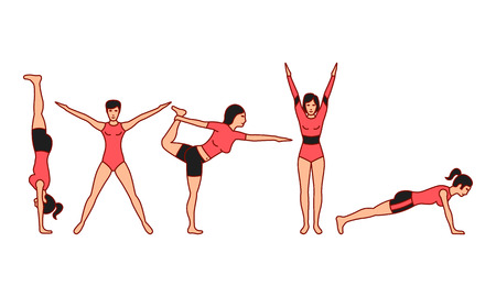Vector illustrations set of gymnastic positions on white background. Gymnastics and healthy lifestyle topic.のイラスト素材