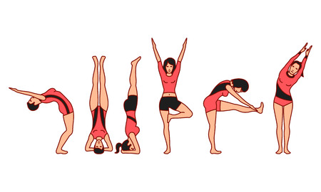 Vector illustrations set of gymnastic positions on white background. Gymnastics and healthy lifestyle topic.のイラスト素材
