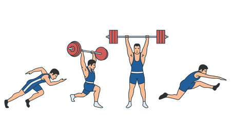 Vector illustrations set of weightlifting and athletics on white background. Gymnastics and healthy lifestyle topic.のイラスト素材
