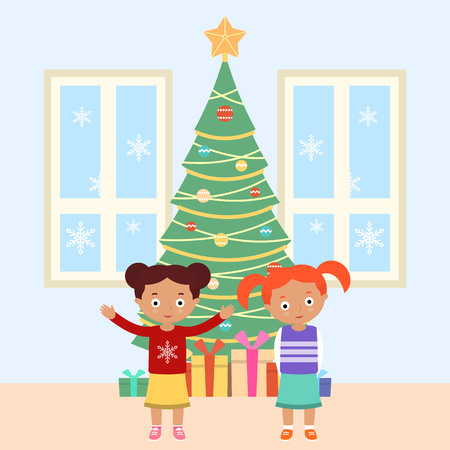 Vector illustration of boys and decorated Christmas tree. New Year and Christmas celebration topic.のイラスト素材