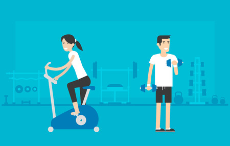Gym vector image. Exercises and workout in gym. Healthy lifestyle.のイラスト素材