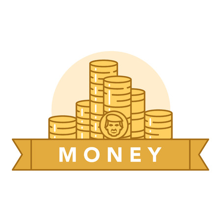 Vector illustration of golden coins on white background with lettering. Money and financial institutions topic.のイラスト素材