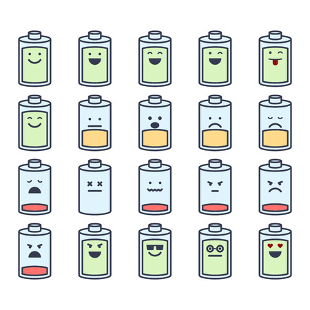 Vector icons set of emoji in the shape of batteries on white background.のイラスト素材