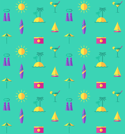 Holidays and travel vector icons set. Summer baackground texture.のイラスト素材