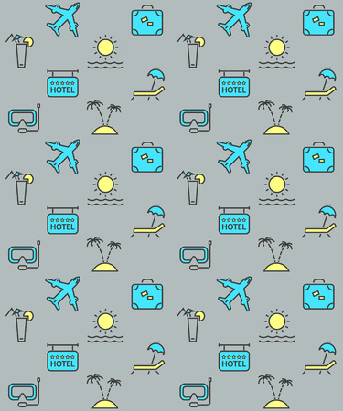 Holidays and travel vector icons set. Summer baackground texture.のイラスト素材