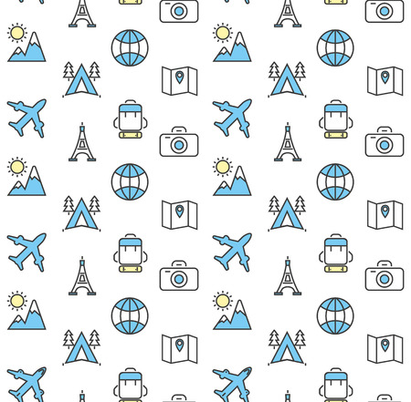 Holidays and travel vector icons set. Summer baackground texture.のイラスト素材