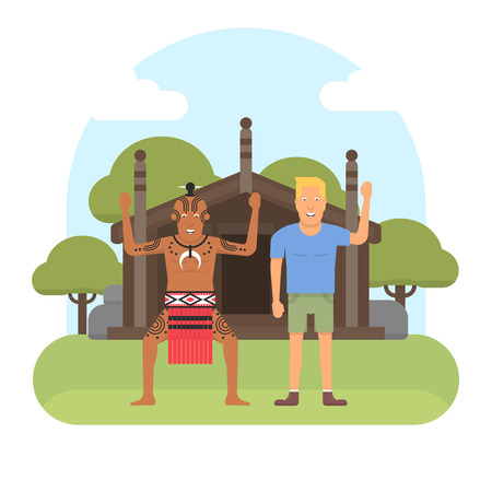 Illustration of New Zealand native inhabitant, Maori with a European on traditional Maori's house background. New Zealand Waitangi day topic.のイラスト素材