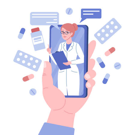 Doctor online consultation. Big flat hand holds phone, doc woman advises from mobile screen, remote health care, medical app. Cousulting design for smartphone vector conceptのイラスト素材