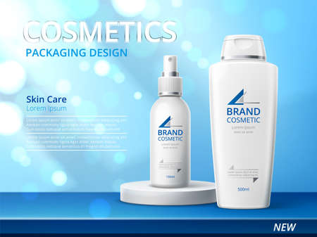 Realistic skin care product poster. 3d cosmetic bottles on glitter shiny background, advertising banner, beauty branded pack. White skincare design for promotion vector conceptのイラスト素材