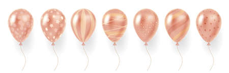 Realistic balloons. 3d striped party decor multicolor air balloons with different ornament, asterisks, stripes and dots patterns. Vector setのイラスト素材