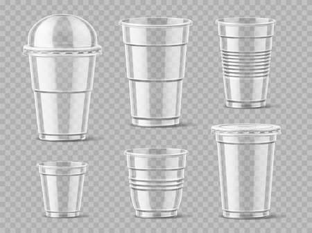 Realistic plastic cups. Transparent isolated street drinks and smoothies containers different types, cold beverage mugs mockups. Vector setのイラスト素材