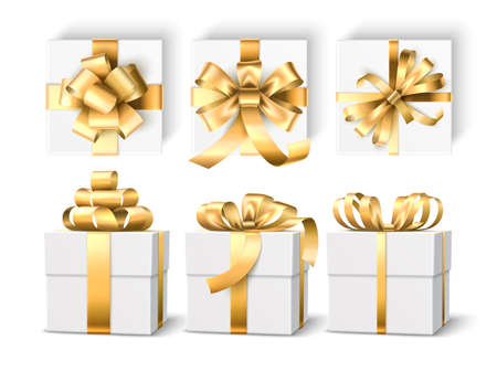Realistic gift boxes. 3d white holiday packaging mockup, gold ribbons and different bows, gift wrap templates, top and side view. Vector setのイラスト素材