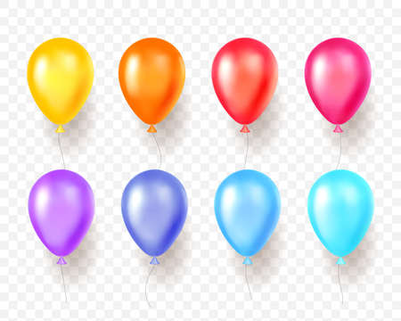 Realistic color balloons. 3d round shape multi color party objects, bright shades holiday elements, festival and carnival decor. Vector setのイラスト素材