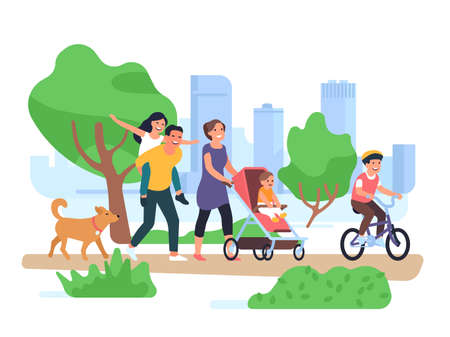 Happy family walking. Couple with children stroll park, son on bicycle, toddler in stroller, fun daughter on father back vector conceptのイラスト素材