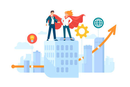 Hero couple. Happy man and woman, superheroes costumes on skyscraper roof, growing business chart, success symbolのイラスト素材