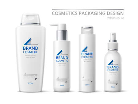 Realistic brand cosmetic bottles. White design products pack, 3d containers mockup, skin care means with different dispensers. Vector setのイラスト素材