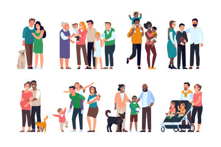 Happy families. Big people groups different ages, generations, portraits children and adults, parents and grandparents with kids. Vector setのイラスト素材