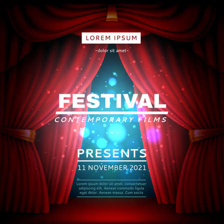 Stage curtain poster. Festival opening banner with realistic red heavy theatrical veils, light effects, cinema movies event. Vector conceptのイラスト素材
