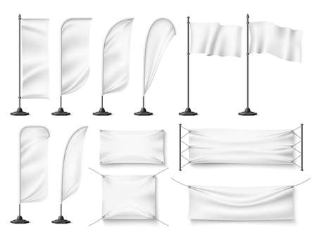 Flags and banners mockup. Realistic white textile blank promotional templates on flagstaffs, advertising clean fabric canvases. Vector setのイラスト素材