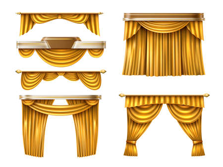 Gold curtains. Realistic golden fabric veils, different configurations, theater, cinema show stage drapes, luxury interior decor. Vector setのイラスト素材