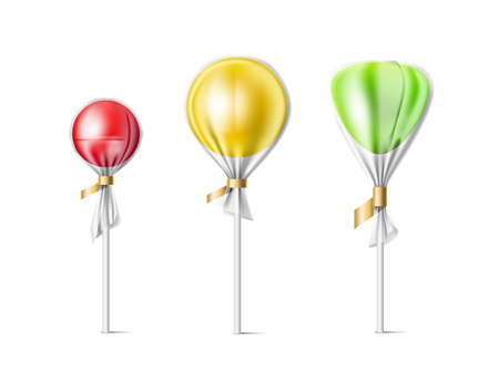 3d lollipop. Transparent wrappers candies and realistic different shapes lollipops in plastic packaging, sugar products, sweet, bonbon templatesのイラスト素材