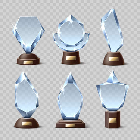 Crystal winners awards. Realistic glass trophies, different shapes, transparent acrylic mockups, geometric bases with plaques. Vector setのイラスト素材