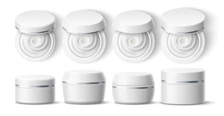 Realistic round cream container. White cosmetic plastic jar, skin care products mockup, body, face serum packaging, open, closed, vector setのイラスト素材
