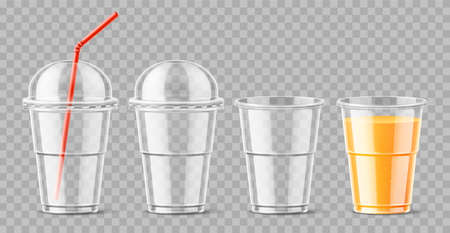 Plastic cup. Realistic takeaway transparent drinks container in different states, empty and full, open and closed, orange juice. Vector setのイラスト素材