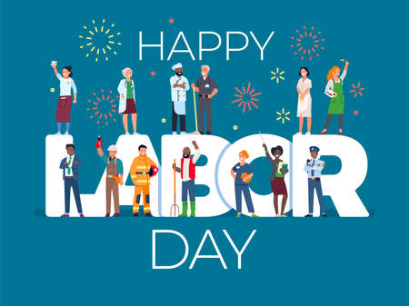 Labor day card with people. International work holiday, workers in uniform different profession, firework over large letters, vector conceptのイラスト素材