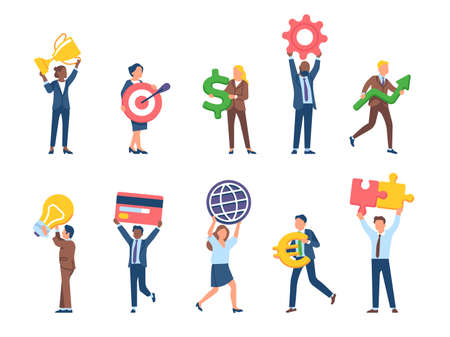 Tiny business people. Office male and female characters hold icons, idea light bulb and dollar sign, credit card and chart arrow, vector setのイラスト素材