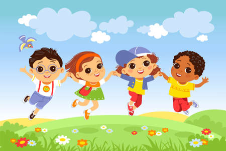 Kids jumping grass. Happy children having fun on nature, joyful boys and girls outdoor activity, little friends funny team, vector conceptのイラスト素材