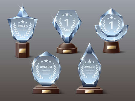 Glass award trophy. Realistic crystal prize trophies with engraved inscriptions, acrylic mockups, transparent sparkling figures. Vector setのイラスト素材