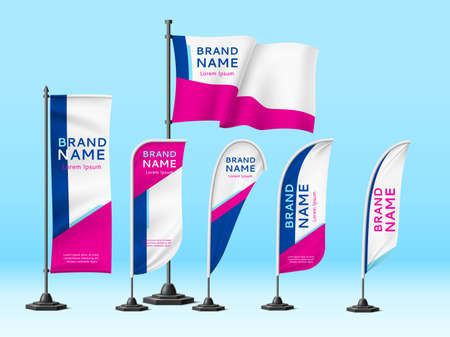 Flags banners identity. Realistic unified design promotional sign, fabric branded mockup, advertisement marketing and event info. Vector setのイラスト素材