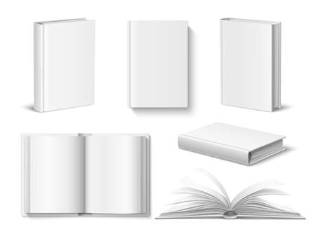 Realistic books mockup. White blank opened and closed book with hardcover, different angles, top and front view, empty pages, vector setのイラスト素材