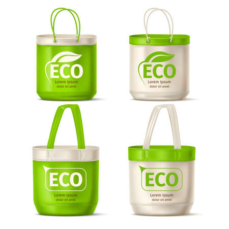 Realistic eco shopping bags. Recyclable natural material objects, green ecology design, beige cotton fabric, environment caring, vector setのイラスト素材