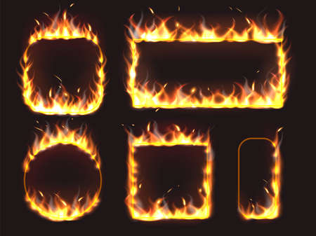 Realistic flame frames. Different shapes burning thin frames, orange fire energy, lighting circle, glowing square and rectangle, vector setのイラスト素材