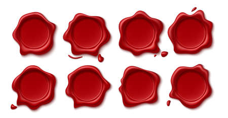 Realistic wax seal. Red retro postal circle stamps, certificate guarantee marks, antique decorative empty round quality seals, vector setのイラスト素材