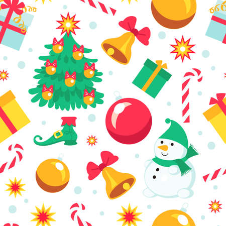 Seamless pattern christmas gifts. Winter holiday kids background, funny characters, snowman, new year tree, toys and caramel canes isolated on white, vector wrapping paper, print or fabricのイラスト素材